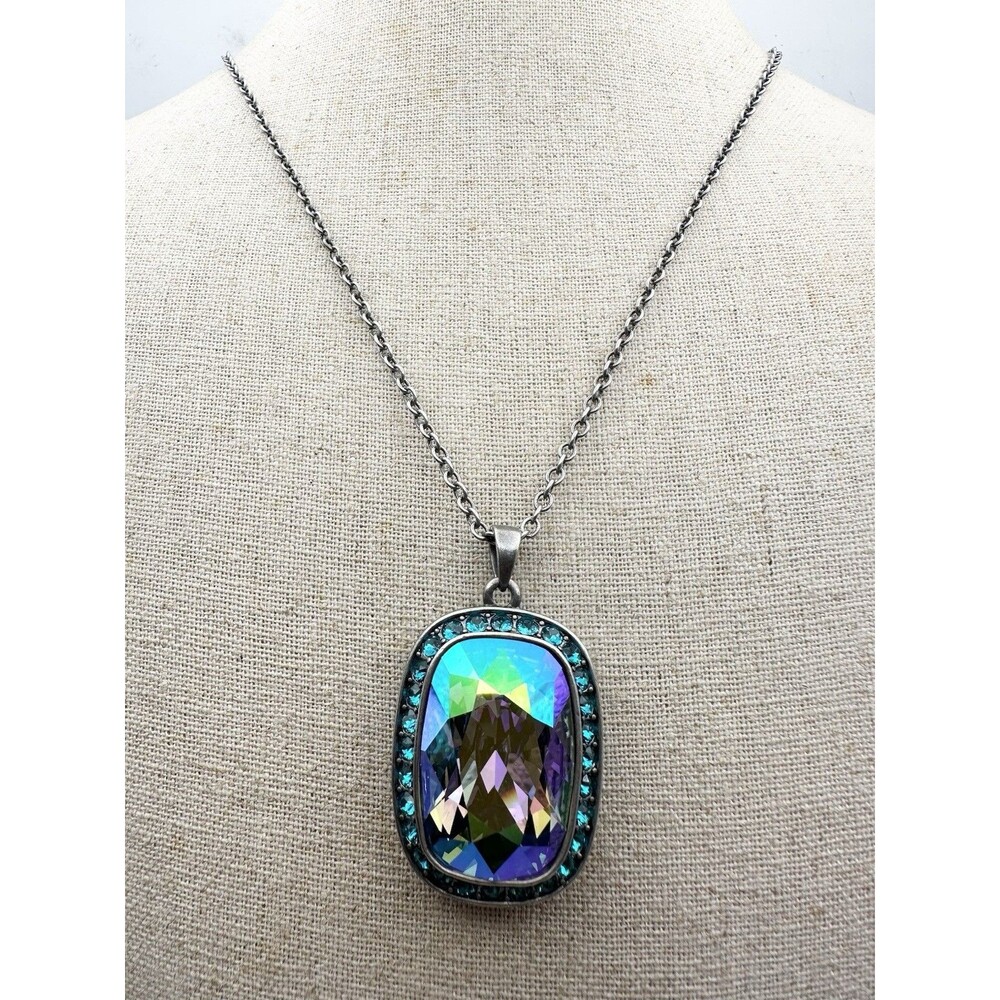 Touchstone Crystal by Swarovski Prism Pendant Necklace Oxidized Long 37” Chain